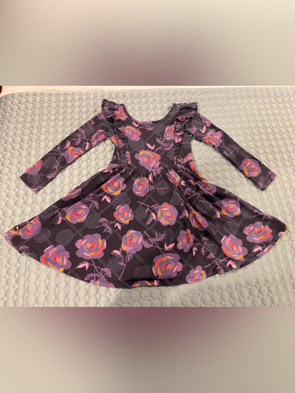 Tea Collection Purple Floral Twirl Dress Pink Roses Cotton Spandex Blend Sz 5